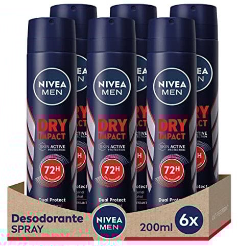 NIVEA MEN Dry Impact Spray en pack de 6 (6 x 200 ml), desodorante antitranspirante, El embalaje puede variar