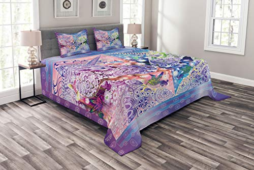 ABAKUHAUS Einhorn Tagesdecke Set, Myhtical Pferde Blumen, Set mit Kissenbezügen Waschbar, für Doppelbetten 264 x 220 cm, Lila Rosa