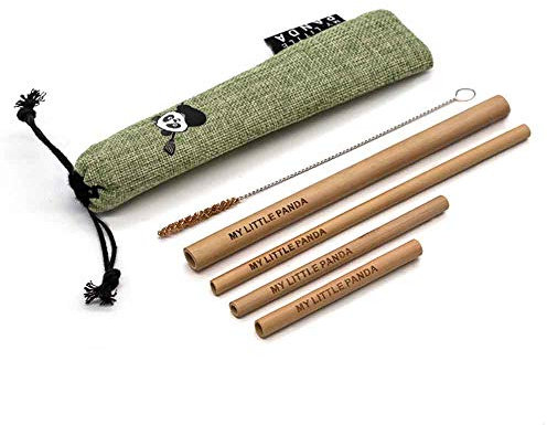 My Little Panda Set de 4 pailles en Bambou réutilisables, avec Un goupillion de Fibres séchées de Coco, dans Une Pochette en Chanvre de Couleur lattée