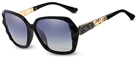 LumiSyne Sonnenbrille Damen Verspiegelt Verlaufsglas Polarisierte UV Schutz,Groß Polycarbonat Gläser Diamant Schneiden strasssteine verziert Rahmen,Draußen Reise Geschenkbox(Schwarz)