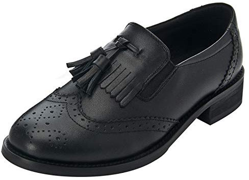 ANUFER Femmes Cuir Véritable Gland Loafers Dressy Brogues Enfiler Espaçons SN02770 Noir EU35