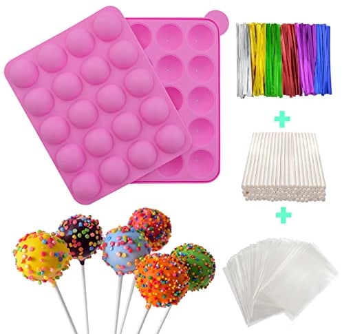 Cake Pop Formen Set, Backform Silikon Cake Pop + 100 Zellophan Cake Pop + 100 Kabelbinder, 20 Runde Formen Silikon Lollipop Form Tablett Kuchen Silikonform FÜR Cupcake Stick Party Urlaub Backen