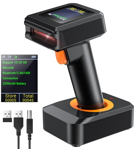 Tera Pro 1D 2D QR Wireless Barcode Scanner with Display Screen Battery Level Indicator Time Display Works with Bluetooth with Charging Cradle Base for Warehouse Supermarket Library HW0006 Pro