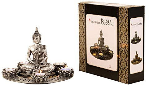 Mel-O-Design Elegantes Buddha Set für Teelichter Höhe 20 cm/ø 27 cm silberfarben - Deko