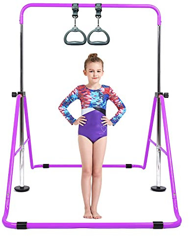 Barra de gimnasia para niños con anillo volador, plegable, altura ajustable, juego de regalo horizontal, equipo de barra de entrenamiento de gimnasio expandible para niños y niñas, color rosa, morado,