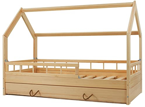 Hausbett Kinderbett mit Schublade Rausfallschutz Skandinavisches Design 160x80cm (Farbe: naturfarben)