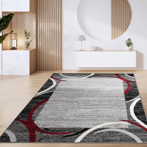 Paco Home Teppich Wohnzimmer Kurzflor Marokkanische Kreis Und Bordüren Muster Modern, Grösse:80x150 cm, Farbe:Rot 3