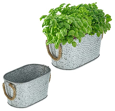 Relaxdays Zinkwanne 2er Set, Pflanzkübel in Hammerschlag-Optik, Deko Eisenwannen in 2 Größen, mit Jute-Griffen, Silber