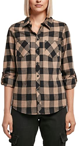 Urban Classics Ladies Turnup Checked Flanell Shirt Chemise, Noir/Taupe, XS Femme
