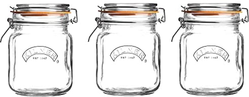 Kilner Square Clip Top Jar Set of 3, 1 Litre (1000ml) Airtight Glass Jars for Storing Coffee Beans Pickling Vegetables Chutneys Pasta Nuts BPA-Free Dishwasher Safe