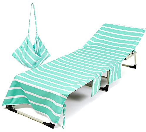 Morbuy Green Microfiber Beach Chair Cover Towel with Side Pockets and Shoulder Strap, Fits Most Lounges, Outdoor Living