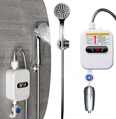 Scaldacqua istantanea elettrico 3500 W, mini scaldabagno termostatico con display LCD e soffione doccia, riscaldamento rapido per cucina e bagno