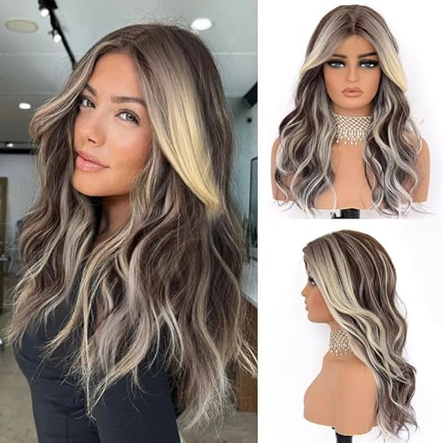 VEBONNY Schokoladenbraune Perücken mit Platinblonden Highlights Lockige lockige synthetische Lace-Front-Perücke 18 Zoll Blonde 613 hervorgehobene Perücke für Frauen VEBONNY-805