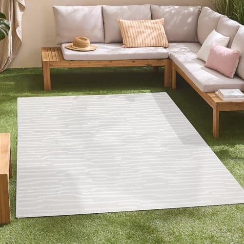 carpet city In-& Outdoor Teppich - 120x170 cm - für Innen-& Außenbereich - Wetterfest Balkon-Teppich, Terrasse, Flur, Küche - Wohnzimmer-Teppiche - Hochtief/ 3D-Effekt - Streifen-Muster in Creme