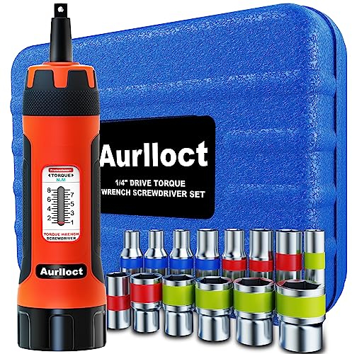 Aurlloct Clé Dynamométrique 1/4 1-8 Nm, Tournevis Dynamométrique de 1/4 avec Adaptateur de 1/4 Douille à 1/4 Hexagonale 15 Pièces