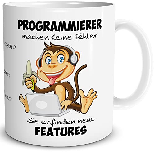 TRIOSK Tasse Programmierer mit IT Affe Spruch lustig Keine Fehler Geschenk für Beruf Informatiker Entwickler Arbeit Büro Kollegen Männer Frauen