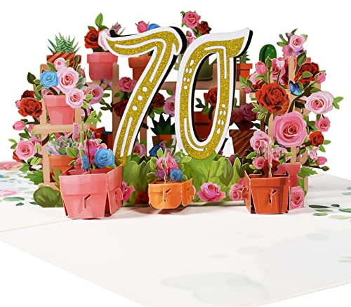 3D Pop-Up Karte 70. Geburtstag oder 70. Hochzeitstag – Elegante Rosenkarte für Jubiläum, Hochzeit, Geburtstagsfeier, für Eltern, Großeltern, Partner, Freund – Hochwertige Blumenkarte mit Rosenwreath