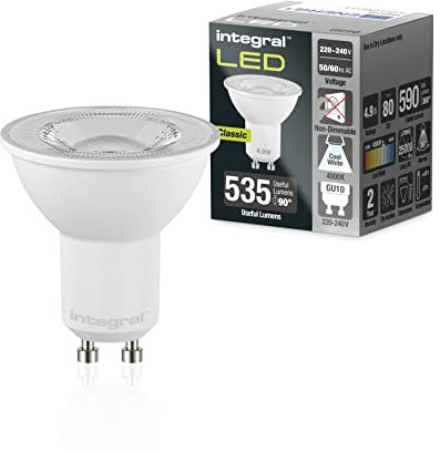 Integral Bombilla LED 5 PACK GU10 Frío Blanco 4000K, 590LM, 4,9W (equivalente a 75W) no regulable - Eficiencia energética e ideal para focos y luces empotradas en baños, cocinas, salones