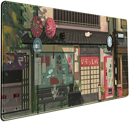 Grand tapis de souris chat et café, anime, kawaï, tapis de souris de jeu XXL, 80 x 40 cm, tapis de clavier esthétique, rue japonaise, décoration pour ordinateur portable, ordinateur de bureau, femme