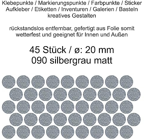 Aufkleber Etiketten Klebepunkte aus Folie 45 Stück silber matt rund 20 mm selbstklebend farbig wetterfest Decal Markierungen Organisieren DIY basteln verzieren Modellbau Scrapbooking