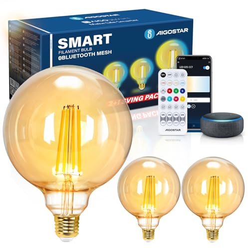 Aigostar Mesh - Smarte Glühbirne Alexa E27 Bluetooth Mesh G95, Alexa Lampe Vintage Edison Lampe 6W 806LM 2700K-6500K Dimmbar Glühbirne, Kompatibel mit Alexa, 3 Stück(mit Bluetooth-Fernbedienung)