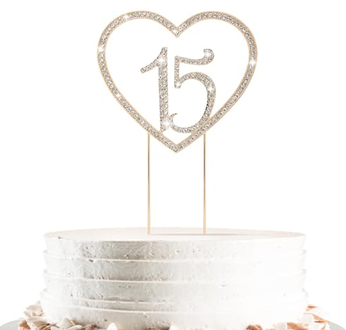 15 Cake Topper Number 15 Rhinestone Quinceanera Cake Topper Sweet 15 Cake Decoration for Birthday Anniversary Party Decoration, Gold