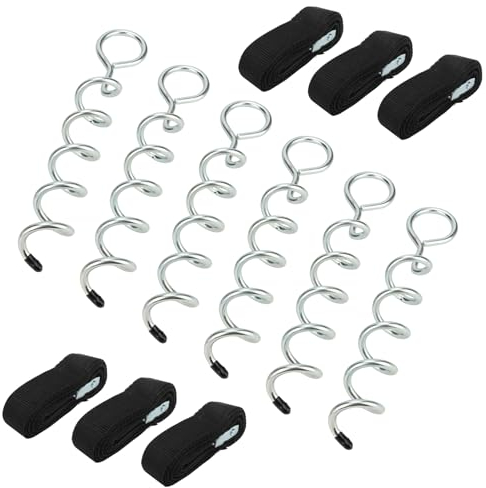 MUKCHAP Set of 6 31cm Trampoline Anchor Kit with Round Head, Galvanized Spiral Ground Anchor Set with Stakes and Straps for Sheds, Swings, Tents