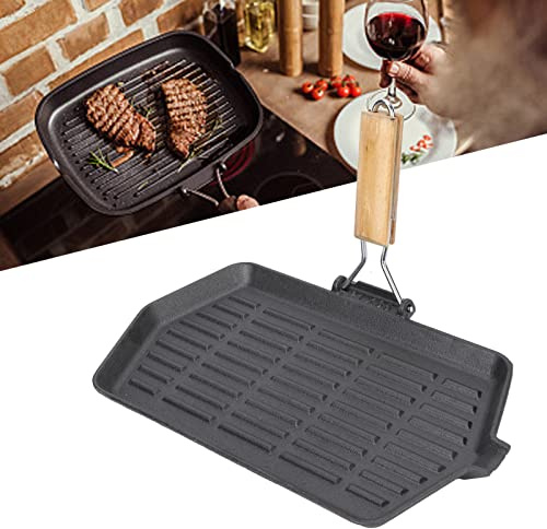 Topyond 21x35 Grillpfanne Gusseisenpfannen Grillpfanne Haushaltskochgeschirr Tragbar Comal Zusammenklappbare Gusseisen-Steak-Bratpfanne Mit Holzgriff, Antihaftbeschichtet Und Gleichmäßig Erhitzend