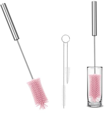 WWW Long Handle Soft Silicone Bottle Cleaner Brush,Semi-automatic Rotary Press Cleaner,3 PCS Cleaning Brushes and 1 PCS Stainless Steel Ring for Bottles,Tumblers, Strews,Various Containers,Pink