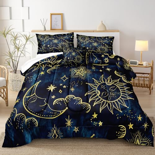 Merryword Sonnen- und Mond-Bettwäsche-Set, King-Size, Blau, Gold, Blau, Universum, Galaxie, Sonne, Mond, Muster, Bohemian-Stil, Gothic, für Kinder, Jungen, Teenager