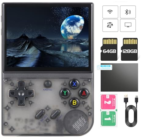 RG35XX Plus - Consola de videojuegos portátil de 3,5 pulgadas con tarjeta TF 64G y 5500+ juegos, batería incorporada de 3300 mAh, compatible con WiFi 5G y Bluetooth (negro transparente, 128 g)