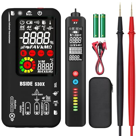 BSIDE Kit Multimetro Digitale Intelligente e Rilevatore di Tensione Senza Contatto S30X+X1 con Clip a Coccodrillo Tester di Tensione Corrente Capacità Ohm Continuità Temperatura e Luci LED Cercafase
