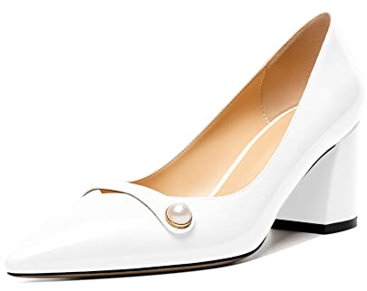 Elashe Damen Niedrige Blockabsätze Spitze Zehenkappe Slip-on Pumps Chunky Arbeit Pumps Bequeme Spitze Zehe Kleid Hochzeitsschuhe 6.5CM mit Perle Weiß EU37