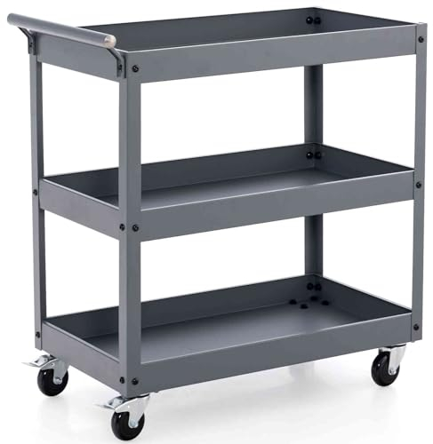 TANGZON 2/3-Tier Rolling Tool Cart, Utility Service Cart with Towel Rack Handle & Wheels, Heavy-duty Steel Mobile Tool Storage Garage Trolley Shelves (Grey, 3 Tier, 76x38x78cm)