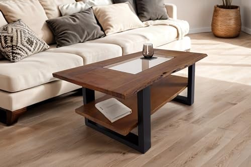 SAM Couchtisch 115x65 cm Patrick, Sofatisch mit Ablage und Glasplatte, Akazienholz massiv + nussbaumfarben, Beistelltisch mit schwarzem U-Metallgestell, echte Baumkante