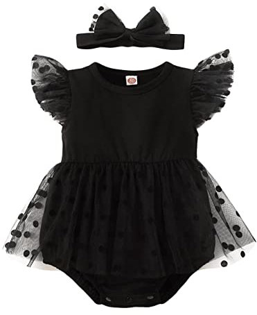 DELIMALI Baby Girl Dress - My Little Black Romper Dress with Short Sleeves, Mesh Stitching, Bowknot, Princess Gown, Party Tutu (B-Black, 0-3 Months)