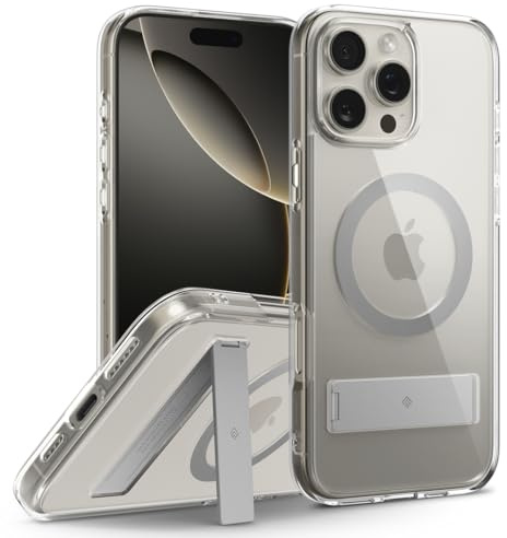 Caseology Capella Mag Kickstand für iPhone 16 Pro Max Hülle [Integrierter Ständer] Magnetischer Fallschutz in Militärqualität, Seitliche Griffmuster, Schutzhülle für iPhone 16 Pro Max – Clear Gray
