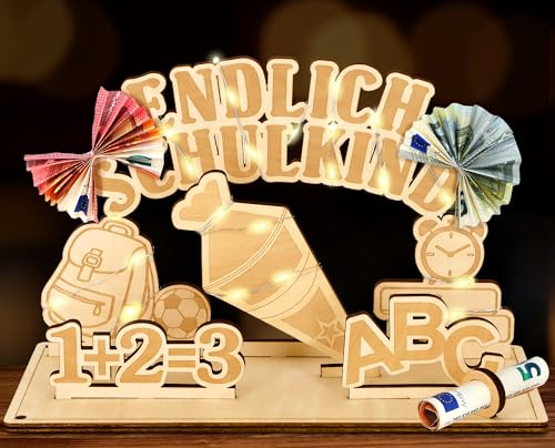 Giftota Geldgeschenk Einschulung mit LED Lichterkette - Endlich Schulkind - Einschulung Junge Mädchen, Schulanfang Geschenke aus Holz