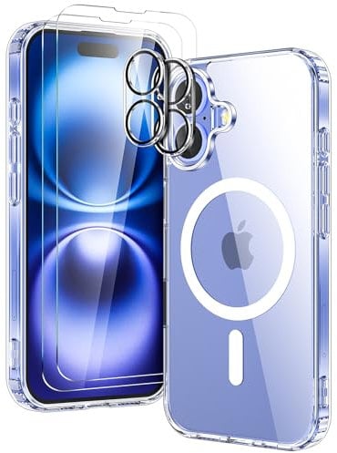 YIRSUR Magnetic Case for iPhone 16 with 2 Pack Screen Protector and 2 Pack Camera Lens Protector, [Compatible with Mag-Safe] PC Hard Soft TPU Shockproof Anti-Scratch Cover for iPhone 16 Clear