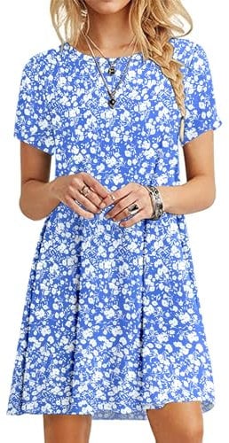 MOLERANI Beach Dresses for Women UK Casual T-Shirt Dress Short Sleeve Ladies Beach Dress (2XL Size, Blue White Flower)