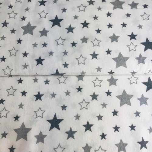 Fabreco Flanell Kinderstoff Meterware – Karo, Baumwollstoff, 1lfm, Stoffbreite 160cm - graue Sterne