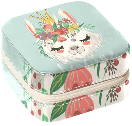 Diusye Kleine Schmuckschatulle für Ringe, Ohrringe, Halsketten, Armbänder, Armreifen, Mini-Reise-Schmuckkästchen, Organizer für Frauen und Mädchen, Geschenke – Lama mit Blumenkranz, Krone