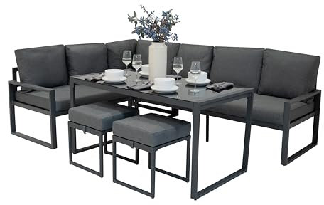 Monster Shop Garten Aluminium Möbelset Anthrazitgrau 7-Sitzer Outdoor Terrasse Lounge Sectional Ecksofa Glasplatten Esstisch 2 Hocker Dicke Polster mit Waschbaren Bezügen wasserdichte Regenabdeckung