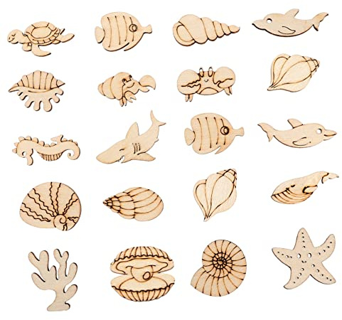 PHENOFICE 100 Stück Unfertige Holzausschnitte Marine Tiere Holzscheiben Diy Bastelset Zum Bemalen Und Gestalten Für Kinder Und Erwachsene