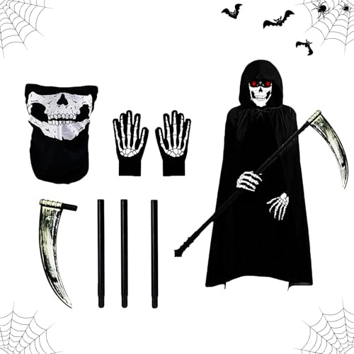 Coffee Life Plus Sensenmann Kostüm Set,Halloween Kostüm Sensenmann Umhang mit Sense,Umhang Set für Erwachsene und Kind,Sense Gesichtsmaske Handschuhe,für Halloween,Cosplay,Karneval (B-Erwachsene)