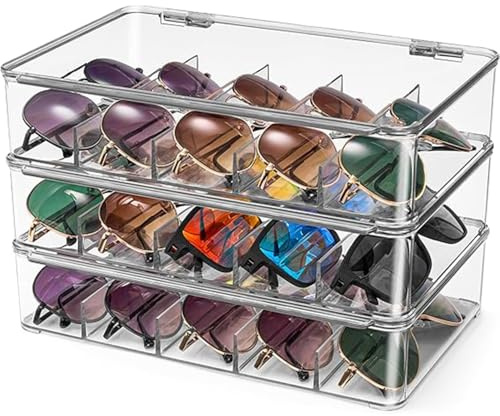 AURISSE 3 Pack Stackable Eyeglass Storage Organizer, Plastic Sunglasses Case with Hinged Lid for Multiple Pairs, Reading Glasses Storage Box Display Stand