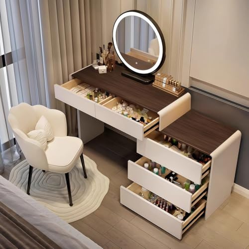 AMZSEW Schminktisch, mit Beleuchtung LED, 3 Farben mit Einstellbarer Helligkeit, Schminktisch mit Großer Spiegel, Frisiertisch mit 5 Schubladen,modern für Schlafzimmer,modern,Garderobe,100cm