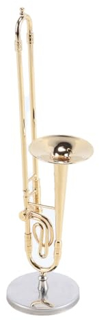 ACOLY Miniatur-Posaune-Modell-Replik mit Ständer und Koffer, vergoldetes Instrument, 14 cm Mini-Saxophon-Posaune, dekorative Ornament-Replik