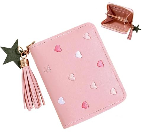 KNUIUYY Mini Geldbeutel Mädchen, Kinder Portemonnaie mit Kartenhalter, PU Leder Geldbörse mit Quaste Reißverschluss für Teens Mädchen Frauen (Rosa)