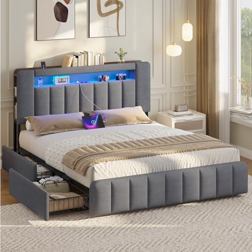 AOGLLATI Lit 140x190 à LED avec Multiprise et 4 Grands Tiroirs, Cadre de Lit avec Sommier à Latte et Tête de Lit Capitonnée Sommier avec Rangement, Moderne sans Matelas (Lin Gris, 140x190cm)